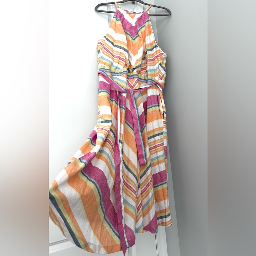 Linen Blend Sundress New York & Co Multi Stripe Halter Flare Dress Size XXL NWOT